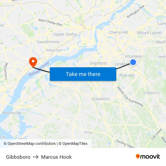 Gibbsboro to Marcus Hook map