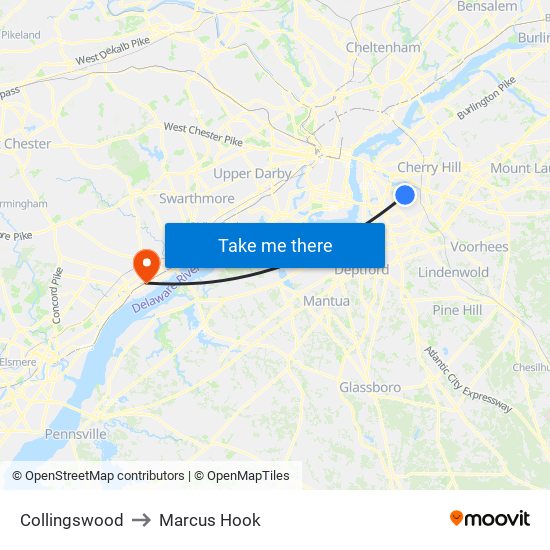 Collingswood to Marcus Hook map