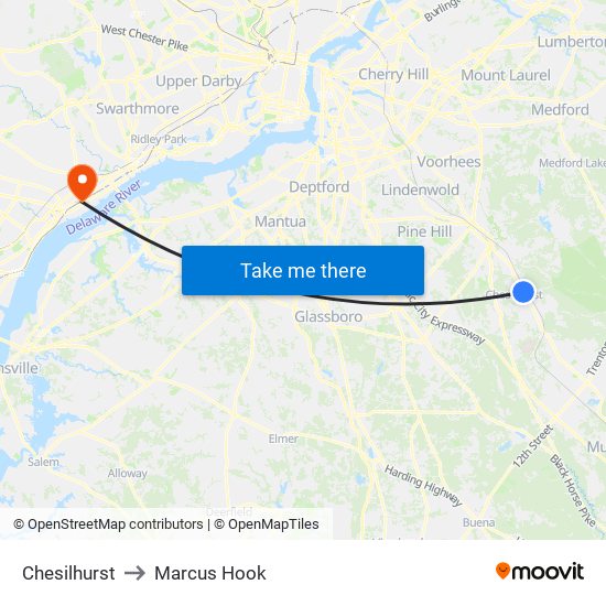 Chesilhurst to Marcus Hook map