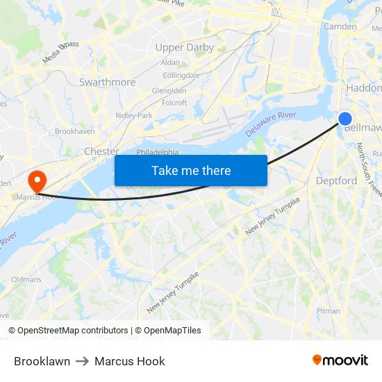 Brooklawn to Marcus Hook map