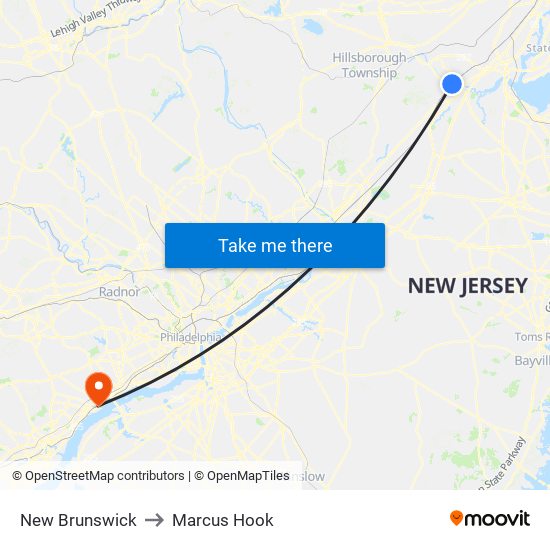 New Brunswick to Marcus Hook map