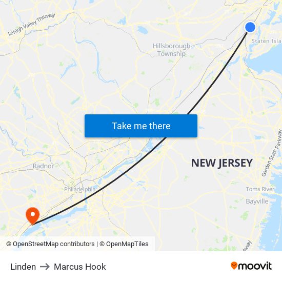 Linden to Marcus Hook map