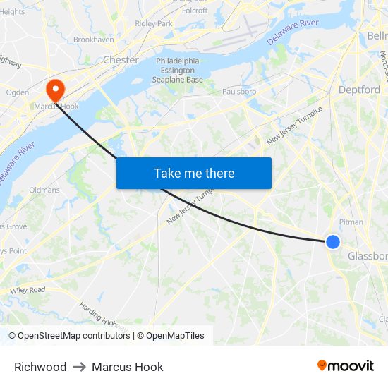 Richwood to Marcus Hook map