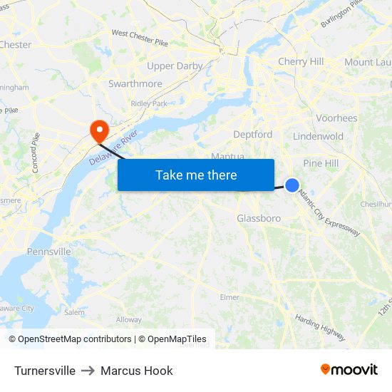 Turnersville to Marcus Hook map
