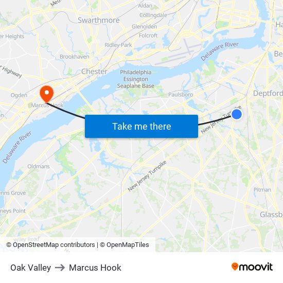 Oak Valley to Marcus Hook map