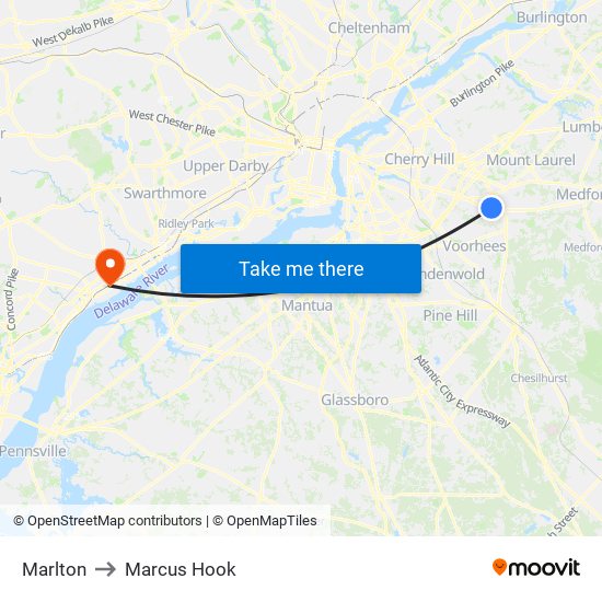 Marlton to Marcus Hook map