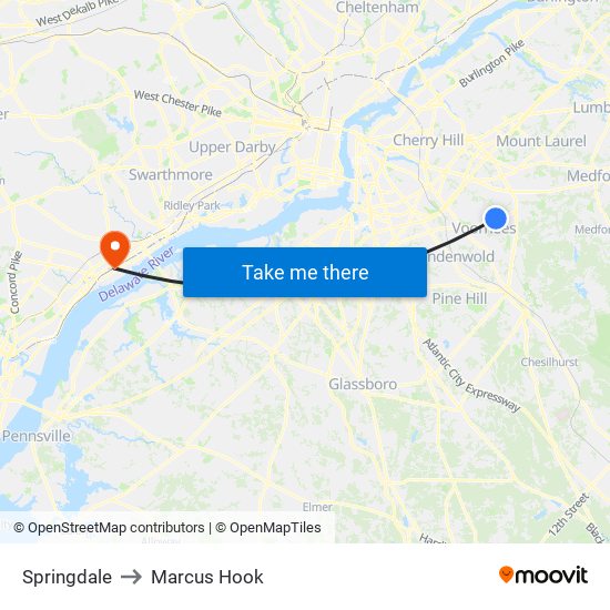 Springdale to Marcus Hook map