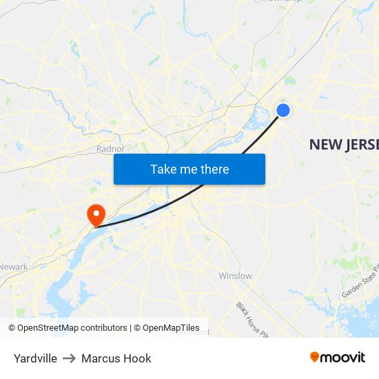 Yardville to Marcus Hook map