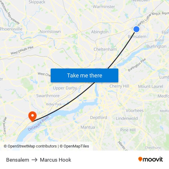 Bensalem to Marcus Hook map