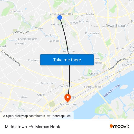 Middletown to Marcus Hook map