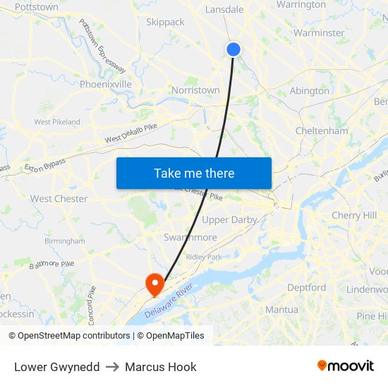 Lower Gwynedd to Marcus Hook map