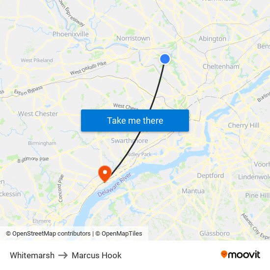 Whitemarsh to Marcus Hook map