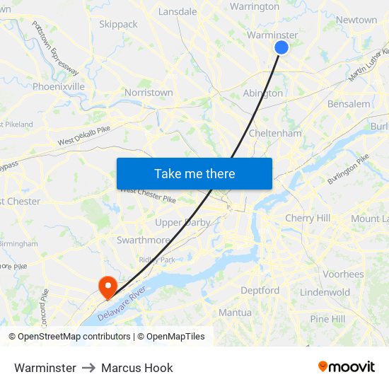 Warminster to Marcus Hook map