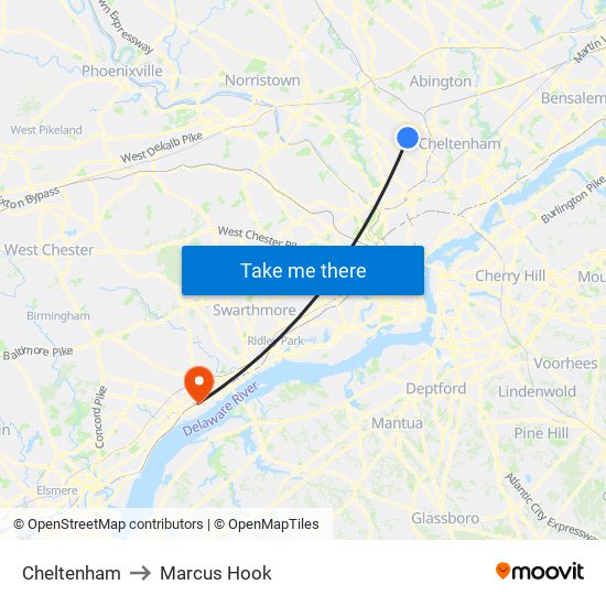 Cheltenham to Marcus Hook map