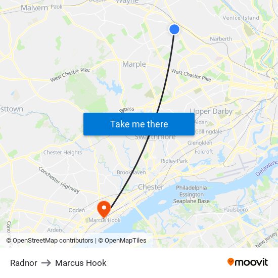 Radnor to Marcus Hook map