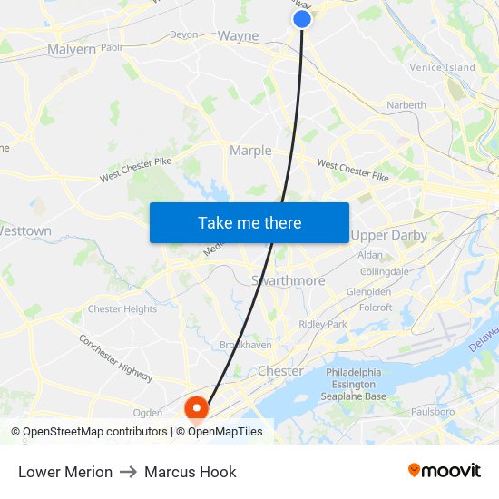 Lower Merion to Marcus Hook map