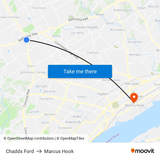 Chadds Ford to Marcus Hook map