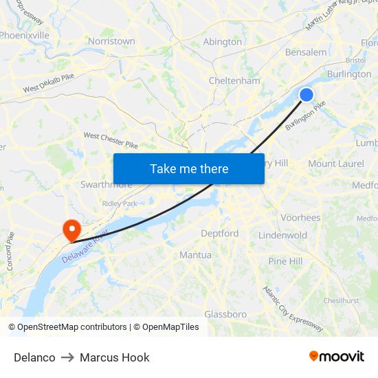 Delanco to Marcus Hook map