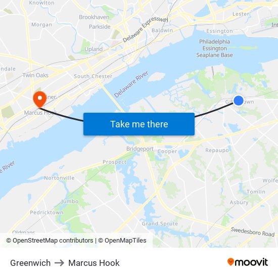 Greenwich to Marcus Hook map
