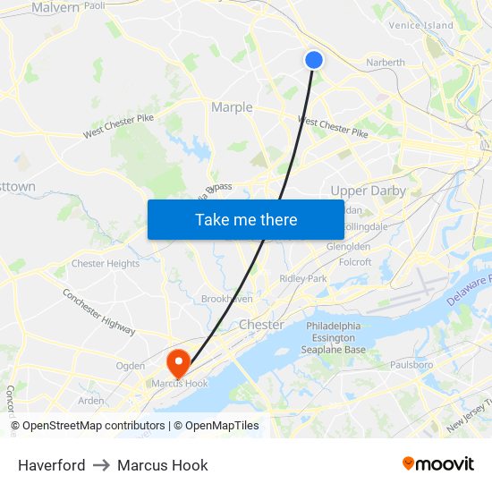 Haverford to Marcus Hook map