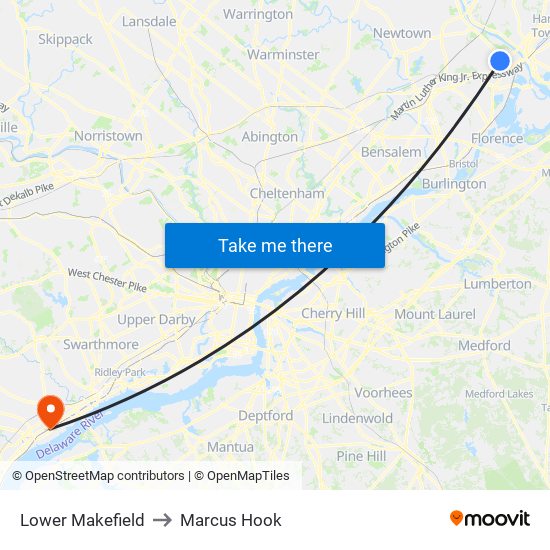 Lower Makefield to Marcus Hook map