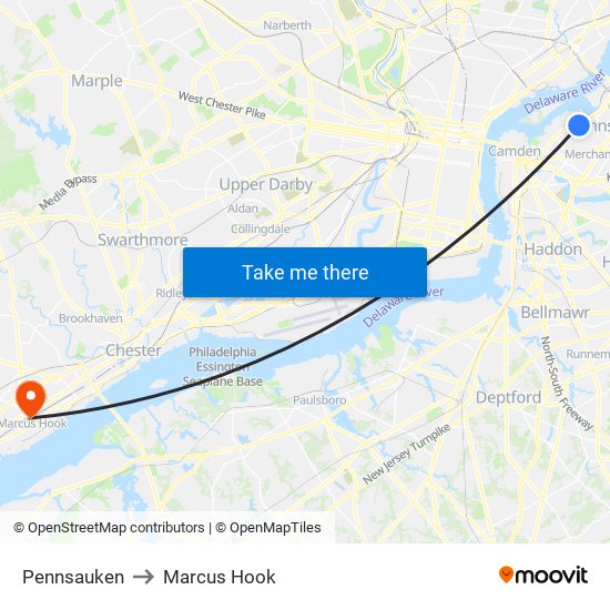 Pennsauken to Marcus Hook map