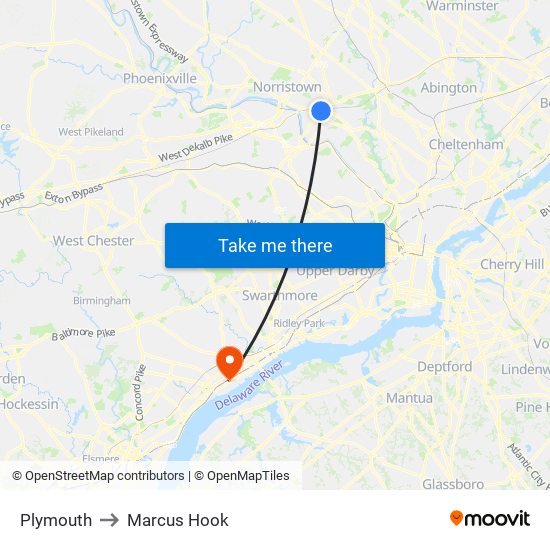 Plymouth to Marcus Hook map
