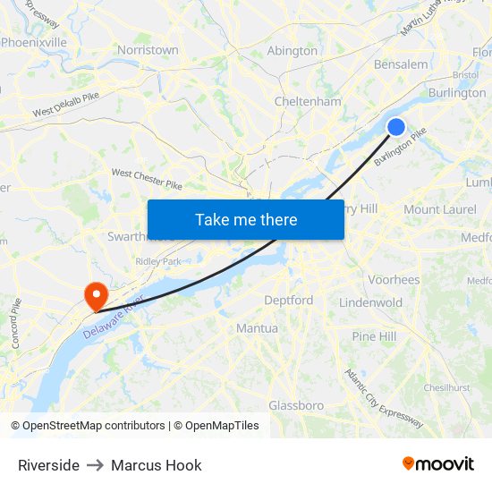 Riverside to Marcus Hook map