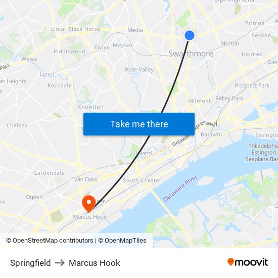 Springfield to Marcus Hook map