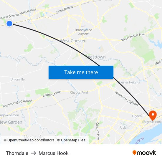 Thorndale to Marcus Hook map