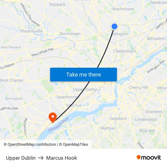 Upper Dublin to Marcus Hook map