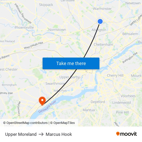 Upper Moreland to Marcus Hook map