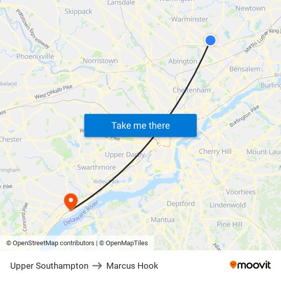 Upper Southampton to Marcus Hook map