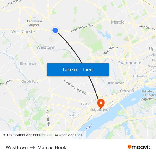 Westtown to Marcus Hook map