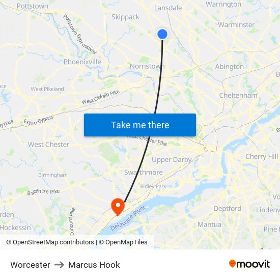 Worcester to Marcus Hook map