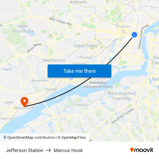 Jefferson Station to Marcus Hook map
