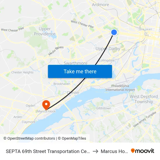 SEPTA 69th Street Transportation Center to Marcus Hook map
