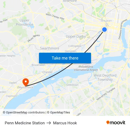 Penn Medicine Station to Marcus Hook map