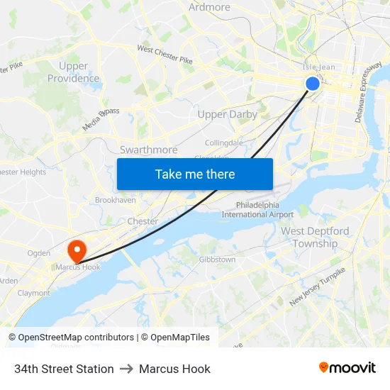 34th Street Station to Marcus Hook map
