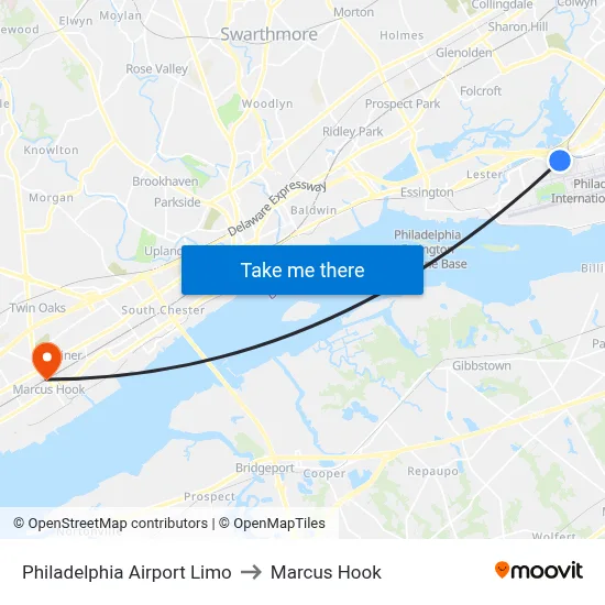 Philadelphia Airport Limo to Marcus Hook map
