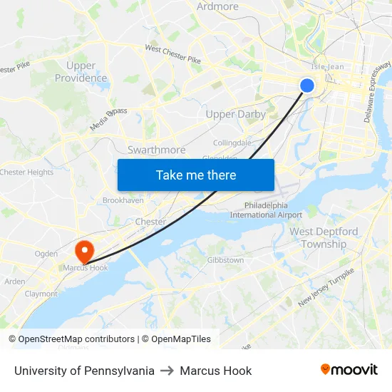 University of Pennsylvania to Marcus Hook map