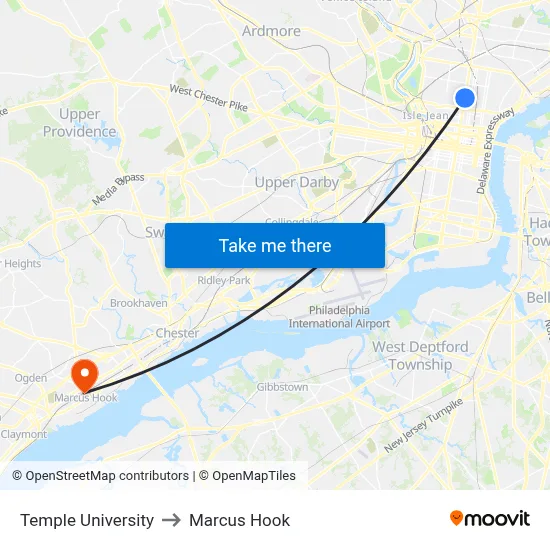 Temple University to Marcus Hook map