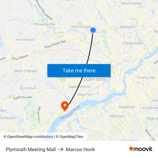 Plymouth Meeting Mall to Marcus Hook map