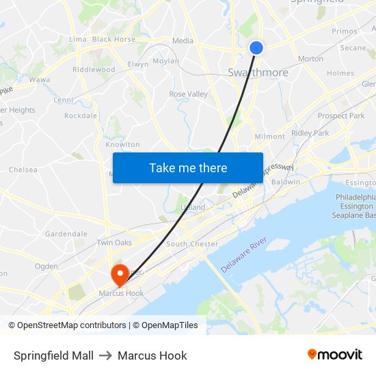 Springfield Mall to Marcus Hook map