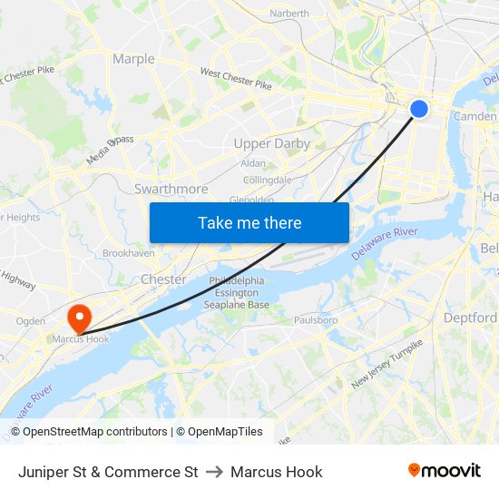 Juniper St & Commerce St to Marcus Hook map