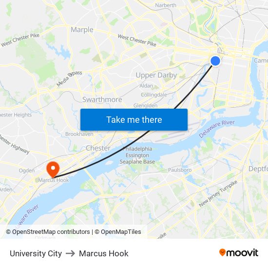 University City to Marcus Hook map