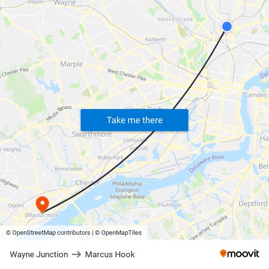 Wayne Junction to Marcus Hook map