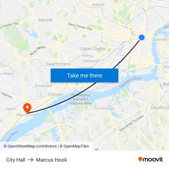 City Hall to Marcus Hook map