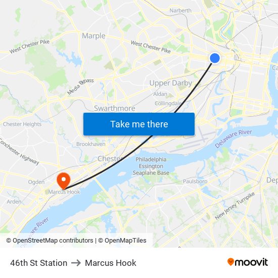 46th St Station to Marcus Hook map