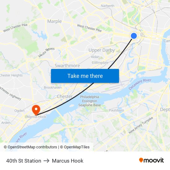40th St Station to Marcus Hook map